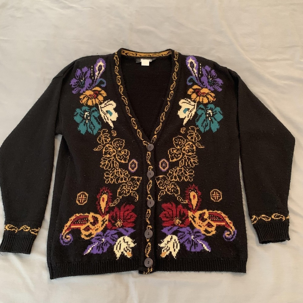 Vintage Modiano Sweater Womens Large Black Floral Button Knit Cardigan Made USA